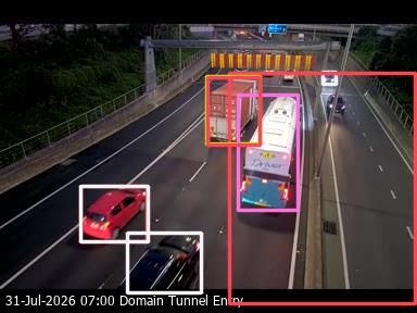 Night traffic camera frame with detections